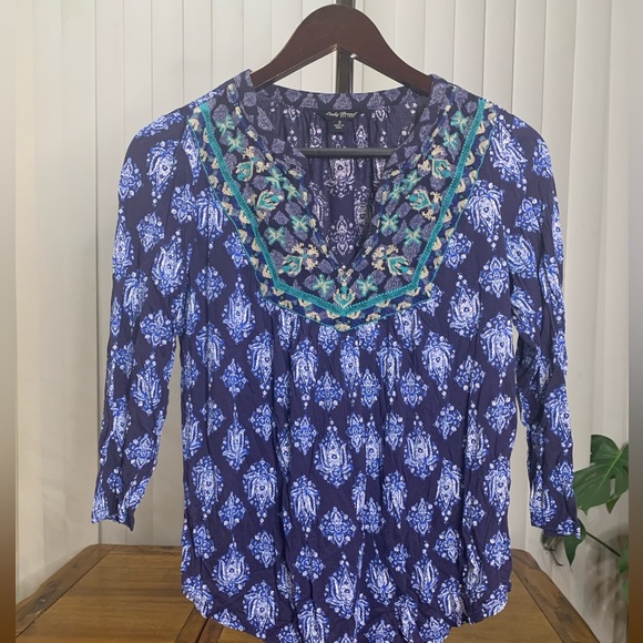 Lucky Brand Embroidered Bib Top Blue Size: S. - Picture 2 of 10